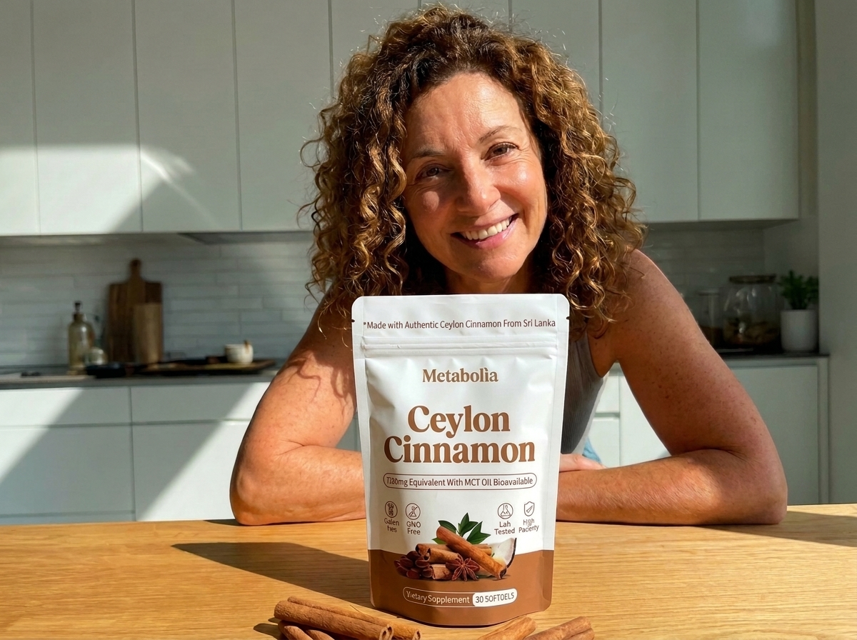 Woman holding a pouch of Metabolae Ceylon Cinnamon in her kitchen